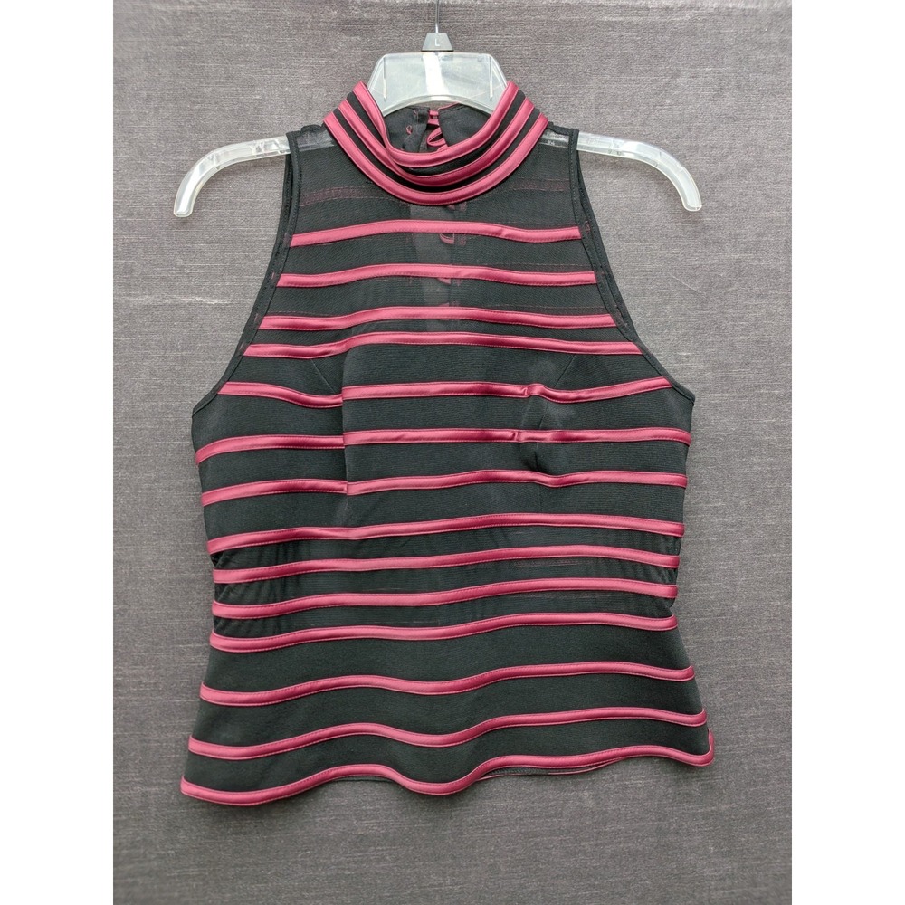 JS Collection Dressy Tank Top Black/Pink Stripes Mesh Evening Wear Date Night 12